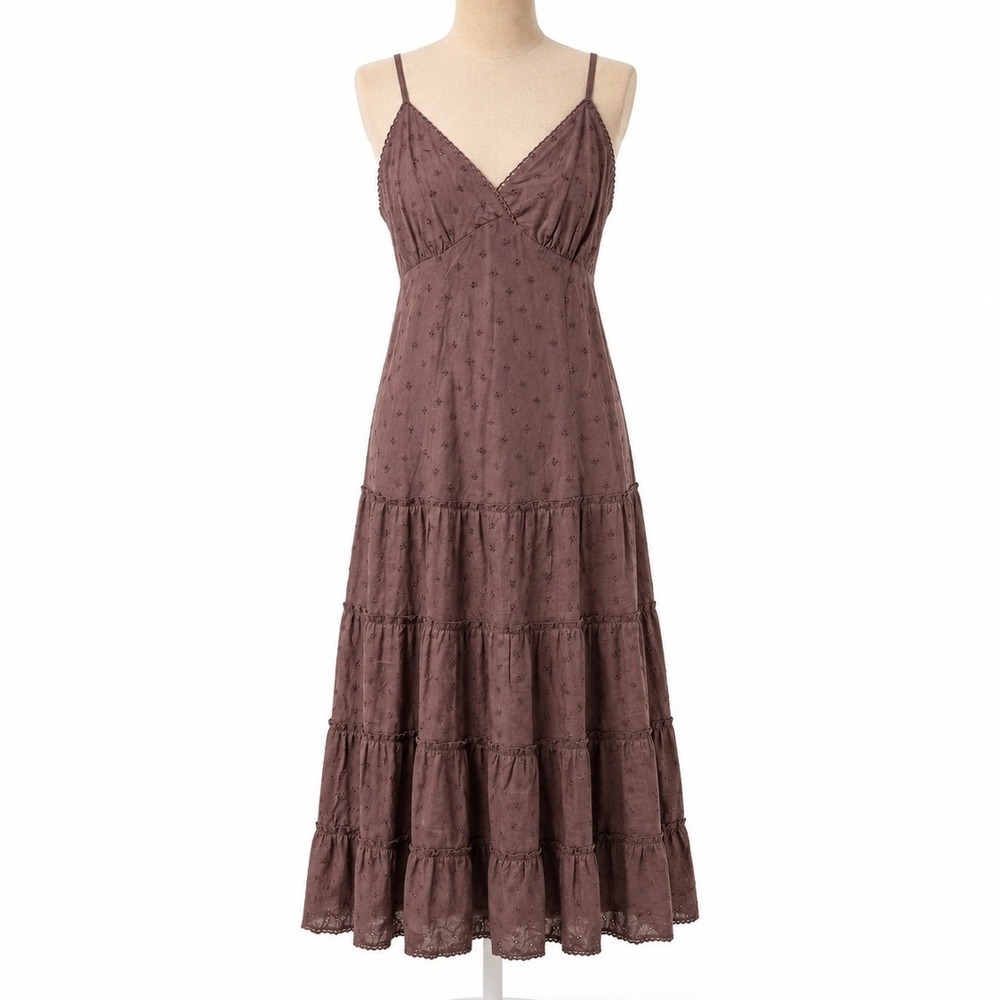 Tiered Fairy Eyelet Lace Babydoll Dress Size M Brown Strappy Y2K Boho Indie Twee